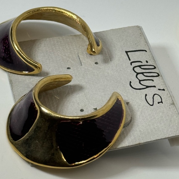 Vintage Unique Gold and Burgundy  Crescent Hoop Earrings NWT - Picture 8 of 9